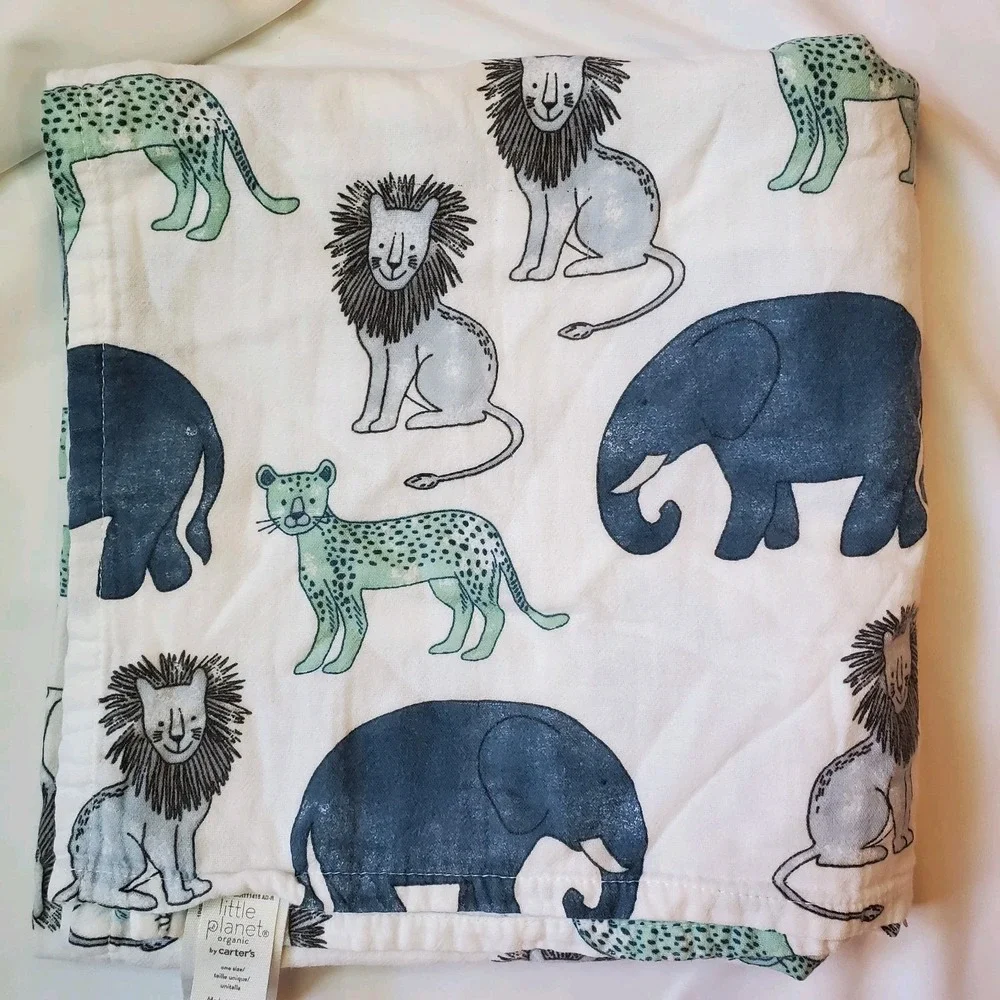 Carter's Baby White Blanket Safari Animals Elephant Lion‎ Little Planet Organic